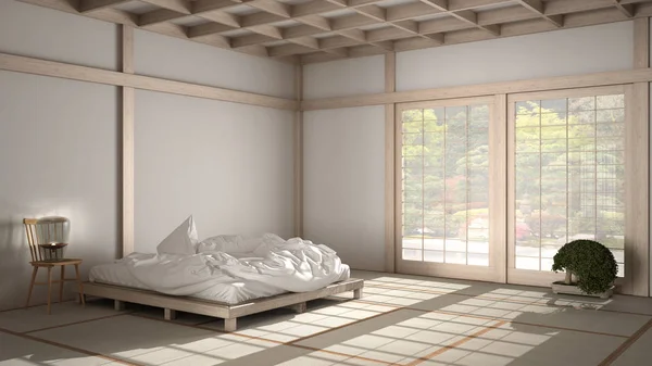 Zen japanse lege minimalistische slaapkamer, houten dak, tatami vloer, futon, tweepersoonsbed, groot raam op zen tuin, meditatieve ruimte, vrede, rust, yoga ontspannende kamer, suite interieur — Stockfoto