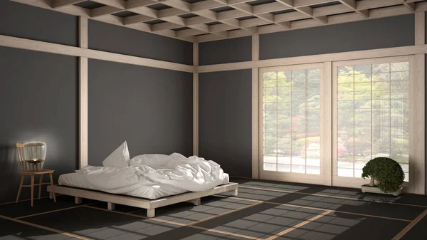 Zen giapponese vuoto camera da letto minimalista, tetto in legno, pavimento tatami, futon, letto matrimoniale, grande finestra sul giardino zen, spazio meditativo, pace, calma, sala relax yoga, interior design suite — Foto Stock