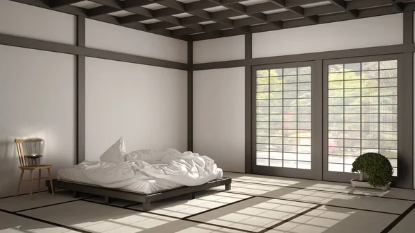 Zen japansk tom minimalistisk sovrum, trä tak, tatami golv, futon, dubbelsäng, stort fönster på zen trädgård, meditativ utrymme, lugn, yoga avkopplande rum, svit inredning — Stockfoto