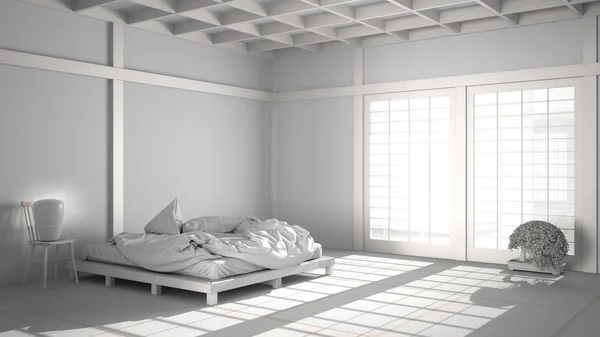 총 백인 프로젝트 초안, 젠 일본인의 빈방, 다다미 바닥,푸 톤, 더블 침대, 큰 창, 명상의 공간, 평화, 고요, 요가 휴게실, 스위트 실내 디자인 — 스톡 사진