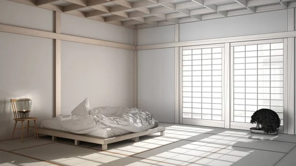 Architect interior designer concept: unfinished project that becomes real, zen japanese empty minimalist bedroom, tatami floor, futon, double bed, big window, suite interior design