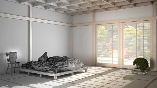 Architect interior designer concept: unfinished project that becomes real, zen japanese empty minimalist bedroom, tatami floor, futon, double bed, big window, suite interior design