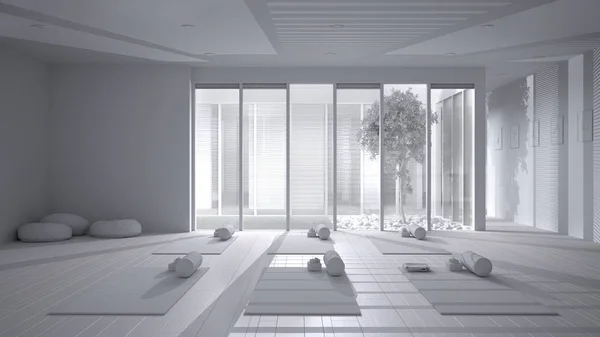 Total white project draft, empty yoga studio interior design, mats, pillows and accessories, patio house, inner garden with tree and pebbles, ready for yoga practice, meditation room