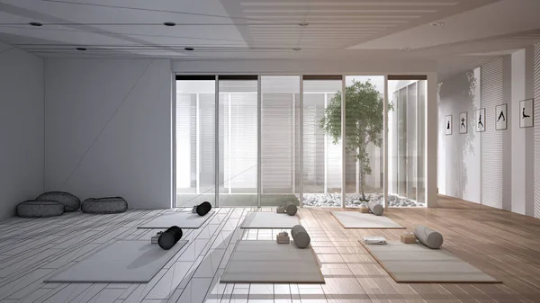 Architect interior designer concept: unfinished project that becomes real, empty yoga studio design, patio house, inner garden with tree, ready for yoga practice, meditation room