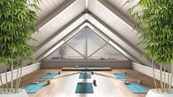Інтер'єр Zen з бамбуковою рослиною, концепція природного дизайну інтер'єру, порожня студія йоги, мінімальний відкритий простір, просторова організація з килимками та аксесуарами, готові до практики йоги — стокове фото