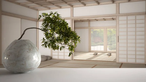 Vit matta bord hylla med runda marmor vas och krukväxter bonsai, gröna blad, över yoga studio, mattor och tillbehör, tatami, zen trädgård panorama, redo för yoga praxis, meditation — Stockfoto