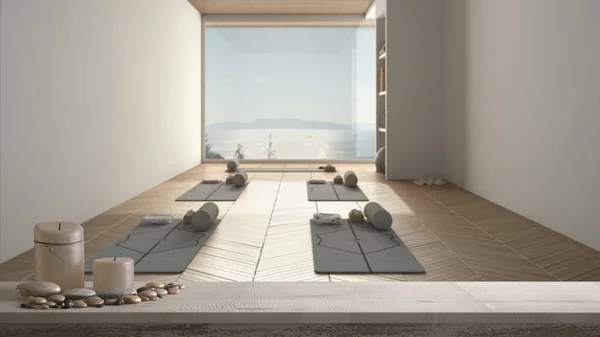 Yoga Studio Interior Design In Orange Tones, Japanese Zen Style, Exterior  Garden With Ivy, Wooden And Concrete Floor, Mats And Pillows, Top View,  Above. Ready For Practice, Meditation Stock Photo, Picture and