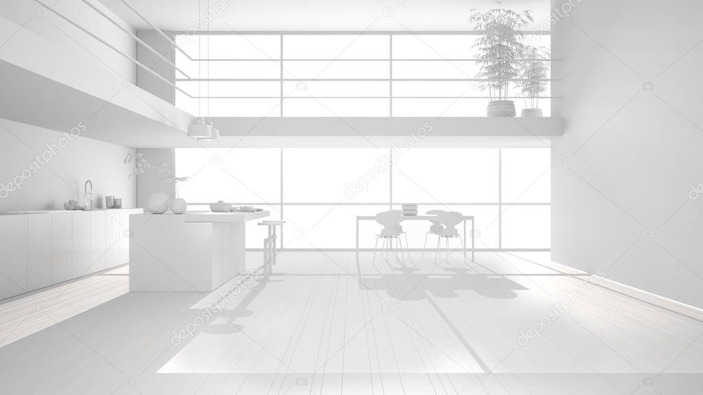 Total white project draft of minimalist kitchen with island, dining table with chairs, parquet, mezzanine, big panoramic windows, bamboo plants, interior design