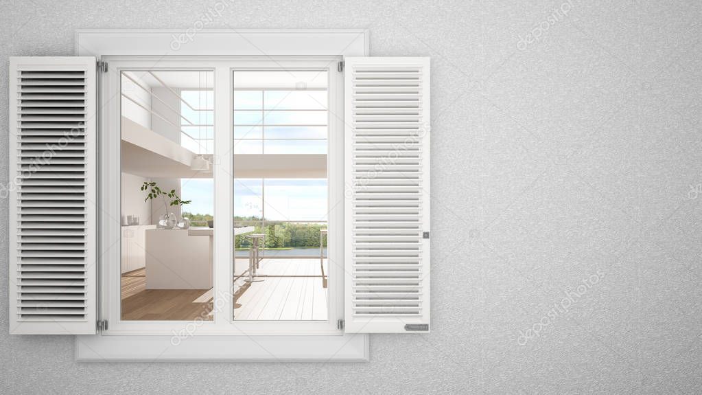 Exterior plaster wall with white window with shutters, showing interior modern kitchen, blank background with copy space, architecture design concept idea, mockup template