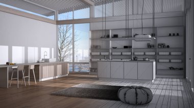 Mimari iç mimar konsepti: tamamlanmamış proje gerçeğe dönüşüyor, adalı modern mutfak, tabure, parke, kıvrık yaprak çatı, panoramik pencereler, minimalist tasarım