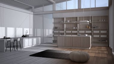 Mimari iç mimar konsepti: tamamlanmamış proje gerçeğe dönüşüyor, adalı modern mutfak, tabure, parke, kıvrık yaprak çatı, panoramik pencereler, minimalist tasarım