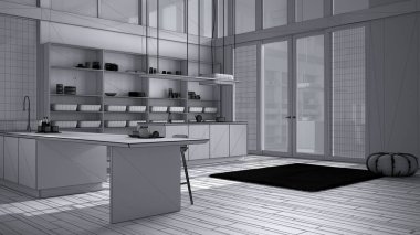 Çift adalı, tabureli, halılı ve aksesuarlı modern mutfağın tamamlanmamış proje taslağı, parke, kıvrımlı çarşaf çatısı, panoramik pencereler, minimalist iç tasarımı