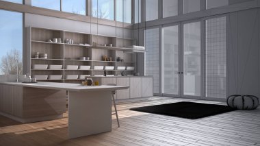 Mimari iç mimar konsepti: tamamlanmamış proje gerçeğe dönüşüyor, adalı modern mutfak, tabure, parke, kıvrık yaprak çatı, panoramik pencereler, minimalist tasarım