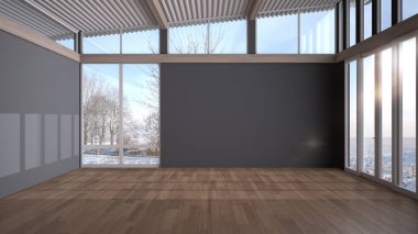 Boş oda iç tasarımı, karlı kış manzaralı büyük panoramik pencereli açık alan, parke ahşap zemin, kıvrımlı çarşaf çatısı, modern minimal mimari fikri, kopyalama alanı