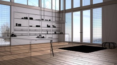 Beyaz parke ahşap zemin, özel mimari tasarım projesi, siyah mürekkep çizimi, panoramik pencereli modern mutfağı gösteren plan, konsept fikir.