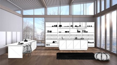 Proje taslağı, adalı ve aksesuarlı modern mutfak taslağı, iç mimari konsept fikri, parke zemin ve pencereli modern daire, en az mobilya fikri.