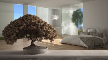 Saksı çiçekli ahşap masa rafı, bej yapraklar, çiçekler panoramik yatak odasının üzerinde yatak ve küvet, modern iç tasarım, zen temiz mimari konsept fikri