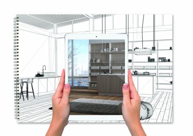 Tableti tutan eller modern beyaz ve ahşap mutfağı gösteriyor. Blueprint Cad taslak arka plan, artırılmış gerçeklik konsepti, mobilya ve iç tasarım ürünü canlandırma uygulaması