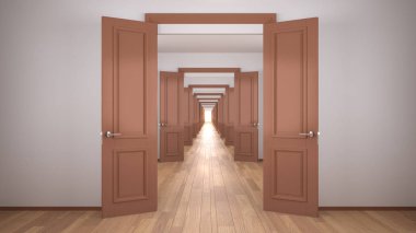 İçi boş beyaz ve turuncu mimari iç mimarisi sonsuz açık kapılar, uçsuz bucaksız kapı koridoru, yürüyüş yolu, labirent. İleri git, fırsatlar, gelecek, kopyalama alanı ile kavram