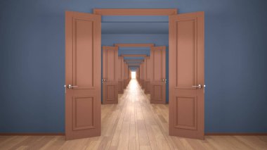 İçi boş mavi ve turuncu mimari iç mimari, sonsuz açık kapılar, uçsuz bucaksız kapı koridoru, yürüyüş yolu, labirent. İleri git, fırsatlar, gelecek, kopyalama alanı ile kavram