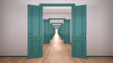 Boş beyaz ve turkuaz mimari iç mimari, sonsuz açık kapılar, uçsuz bucaksız kapı koridoru, yürüyüş yolu, labirent. İleri git, fırsatlar, gelecek, kopyalama alanı ile kavram