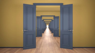 Sonsuz açık kapıları olan boş sarı ve mavi mimari iç mekan, uçsuz bucaksız kapı aralığı, yürüyüş yolu, labirent. İleri git, fırsatlar, gelecek, kopyalama alanı ile kavram