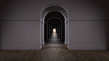 Sonsuz kemerli kapıları, sonsuz kapı aralığı, geçidi, geçidi ve labirenti olan boş, karanlık bir mimari yapı. İlerleyin, fırsatlar, iş, gelecek, kopyalama alanı ile kavram