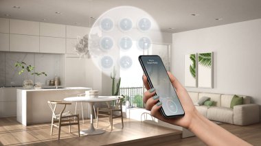 Telefon uygulamasında akıllı ev teknolojisi arayüzü, artırılmış gerçeklik, şeylerin interneti, bağlı nesnelerle modern mutfağın iç tasarımı, kadın el kumandası cihazı