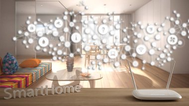 Wi-Fi kablosuz yönlendirici ahşap masa, akıllı ev, geometrik arkaplan bağlı çizgi ve noktalar şeylerin interneti, ev otomasyonu konsepti modern oturma odası üzerinde