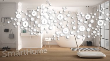 Wi-Fi kablosuz yönlendirici ahşap masa, akıllı ev, geometrik arkaplan bağlı çizgiler ve noktalar şeylerin internetini gösteriyor, ev otomasyonu kavramı modern banyo üzerinde