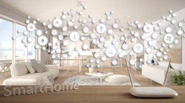 Wi-Fi kablosuz yönlendirici ahşap masa, akıllı ev, geometrik arkaplan bağlı çizgi ve noktalar şeylerin interneti, ev otomasyonu konsepti modern oturma odası üzerinde