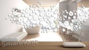 Wi-Fi kablosuz yönlendirici ahşap masa, akıllı ev, geometrik arkaplan bağlı çizgiler ve noktalar şeylerin internetini gösteriyor, ev otomasyonu kavramı modern banyo üzerinde