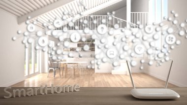 Wi-Fi kablosuz yönlendirici ahşap masada, akıllı ev, geometrik arkaplan bağlı çizgi ve noktalar şeylerin internetini gösteriyor, ev otomasyonu konsepti modern mutfak üzerinde