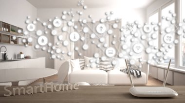 Wi-Fi kablosuz yönlendirici ahşap masa, akıllı ev, geometrik arkaplan bağlı çizgi ve noktalar şeylerin interneti, ev otomasyonu konsepti modern oturma odası üzerinde