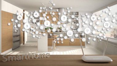 Wi-Fi kablosuz yönlendirici ahşap masada, akıllı ev, geometrik arkaplan bağlı çizgi ve noktalar şeylerin internetini gösteriyor, ev otomasyonu kavramı modern mutfak üzerinde