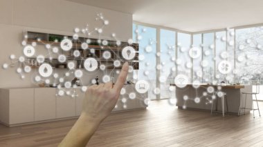 Işıldayan akıllı ev arayüzü, geometrik arkaplan, bir şeylerin internetini gösteren çizgi ve noktalar, mutfak içi üzerinde el işaretleri, ev otomasyonu kavramı