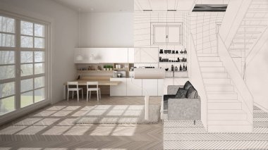 Boyalı paten çizimi iç tasarım tasarım tasarım tasarımı arka plan. Bu arada alan modern mutfağı göstererek gerçek hale geliyor. Önce ve sonra, mimar tasarımcı yaratıcı iş akışı