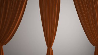 Turuncu perdeler beyaz arkaplan, ön görünüm, kırpma yolu, dikey kıvrımlar, yumuşak tül tekstil dokusu, kopyalama alanı olan sahne konsepti