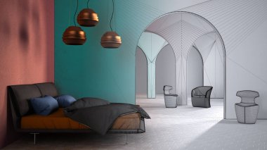 Mimari iç mimar konsepti: gerçek, klasik tasarım, yatak odası, seramik zemin, koltuklu kemer, alışılmadık mimari, proje fikri haline gelen tamamlanmamış proje