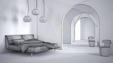 Klasik metafiziğin tamamlanmamış proje taslağı sürrealist iç tasarım, seramik tabanlı yatak odası, açık alan, koltuklu kemer, alışılmadık mimari, proje fikri