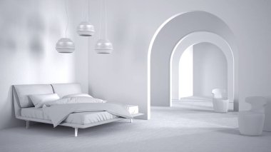 Tamamen beyaz proje taslağı, klasik metafizik sürrealist iç tasarım, seramik tabanlı yatak odası, açık alan, koltuklu kemer, alışılmadık mimari, proje fikri