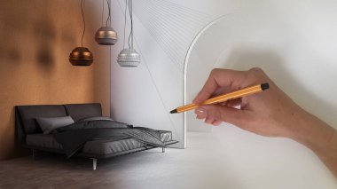 Mimari iç mimar konsepti: alan gerçek, klasik metafizik iç tasarımı, seramik zemin dizaynı olan yatak odası iken el tasarımı iç tasarım projesi