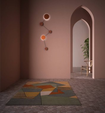 Klasik doğu lobisi, modern renkli salon sıva duvarları, iç tasarım kemerleri, seramik fayanslı boş alan, halı, sandalye ve bitki, alışılmadık mimari proje fikri.