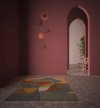 Klasik doğu lobisi, kırmızı sıva duvarlı modern renkli salon, iç tasarım kemerleri, seramik fayanslı boş alan, halı, sandalye ve bitki, alışılmadık mimari proje fikri.