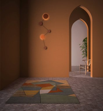 Klasik doğu lobisi, turuncu kaplamalı modern renkli salon, iç tasarım kemerleri, seramik fayanslı boş alan, halı, sandalye ve bitki, alışılmadık mimari proje fikri.