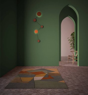 Klasik doğu lobisi, yeşil duvarlı modern renkli salon, iç tasarım kemerleri, boş alan, seramik fayanslar, halı, sandalye ve bitki, alışılmadık mimari proje fikri.