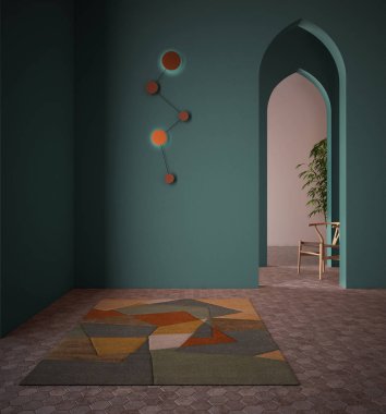 Klasik doğu lobisi, turkuaz sıva duvarlı modern renkli salon, iç tasarım kemerleri, boş alan, seramik fayanslar, halı, sandalye ve bitki, alışılmadık mimari proje fikri.