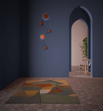 Klasik doğu lobisi, mavi sıva duvarlı modern renkli salon, iç tasarım kemerleri, boş alan, seramik fayanslar, halı, sandalye ve bitki, alışılmadık mimari proje fikri.