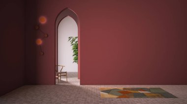 Klasik doğu lobisi, kaplama duvarlı modern renkli salon, iç tasarım kemerleri, seramik fayanslı boş alan, halı, sandalye ve bitki, kopyalama alanı olan kırmızı arkaplan.