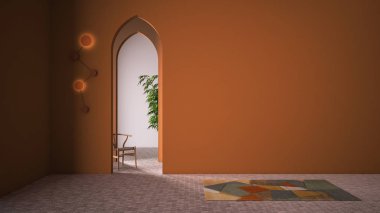 Klasik doğu lobisi, kaplama duvarlı modern renkli salon, iç tasarım kemerleri, seramik fayanslı boş alan, halı, sandalye ve bitki, fotokopi alanı olan turuncu arkaplan.